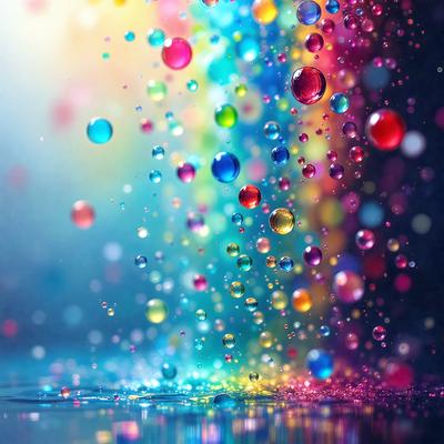 The primary subject of the image is a colorful, swirling display of bubbles. The setting is a dark background, which contrasts with the vibrant colors of the bubbles. The visual style is a combination of photo and digital art, creating a dynamic and lively atmosphere. The dominant colors are blue, green, yellow, and red, which together create a sense of energy and movement.